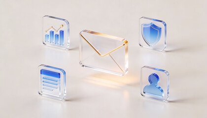 premium 3d digital illustration of a glowing gold and blue glass email envelope icon surrounded by floating icons for secure communication data growth user profile and document