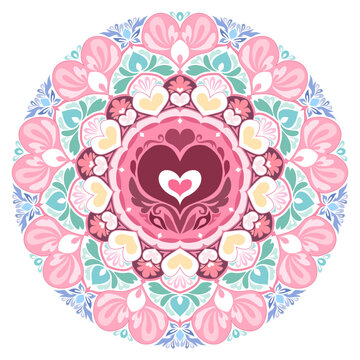 A vector graphic illustration of a madala of love decorated with hearts, in bright colors and a cute style.