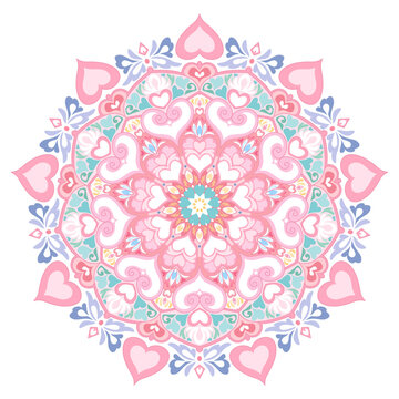 A vector graphic illustration of a madala of love decorated with hearts, in bright colors and a cute style.
