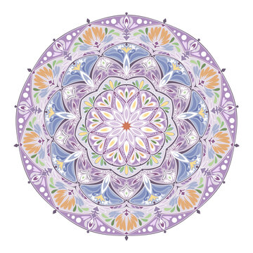 Vector graphic illustration of a madala in bright pastel colors.
