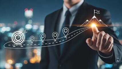 Business and Project Roadmap Concept. Touching on virtual screen with roadmap overlay representing steps in a project or strategic planning process. Waypoint icons and ends with goal achievement.