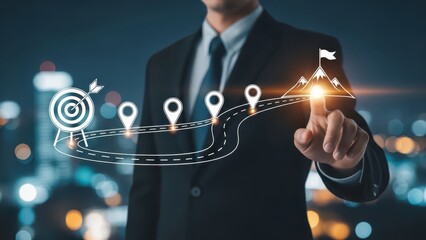 Business and Project Roadmap Concept. Touching on virtual screen with roadmap overlay representing steps in a project or strategic planning process. Waypoint icons and ends with goal achievement.