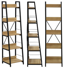 Real modern shelving unit with metal frame and wooden shelves, photographed in studio and isolated on white or transparent background