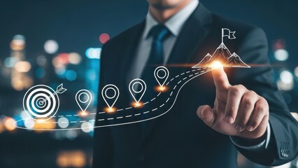 Business and Project Roadmap Concept. Touching on virtual screen with roadmap overlay representing steps in a project or strategic planning process. Waypoint icons and ends with goal achievement.