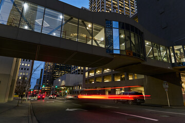 Night Traffic Light Trails and Illuminated Downtown Skyscrapers 