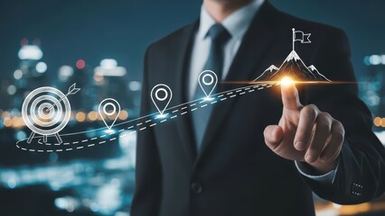 Business and Project Roadmap Concept. Touching on virtual screen with roadmap overlay representing steps in a project or strategic planning process. Waypoint icons and ends with goal achievement.