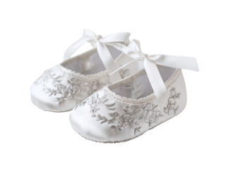 Elegant white baby shoes with floral embroidery and ribbon ties