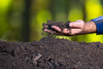 Hands hold soil and organic fertilizer. Farming with soil. Farmers hand testing soil. Earth care and melioration. Cultivate land.