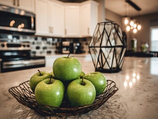 Fresh green apples in a wire basket on a light countertop, kitchen interior