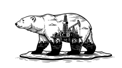 Standing polar bear features stark ecological disaster concept, Arctic wildlife depicted with industrial oil platform inside body, highlighting severe ecological disaster message.
