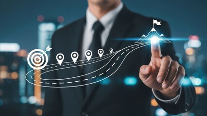 Business and Project Roadmap Concept. Touching on virtual screen with roadmap overlay representing steps in a project or strategic planning process. Waypoint icons and ends with goal achievement.