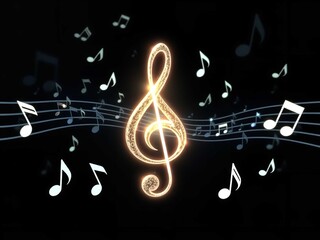 A glowing treble clef surrounded by musical notes on a black background