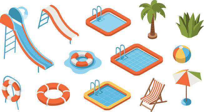 Isometric swimming pool and water park icons set, summer leisure slides floats umbrellas palm trees, vacation recreation vector illustration