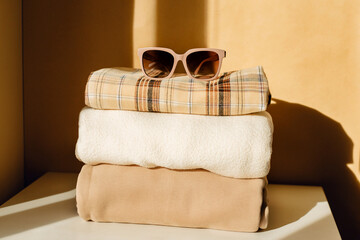 Neatly folded stack of different things.