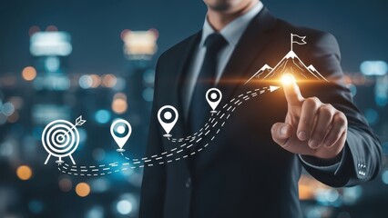 Business and Project Roadmap Concept. Touching on virtual screen with roadmap overlay representing steps in a project or strategic planning process. Waypoint icons and ends with goal achievement.