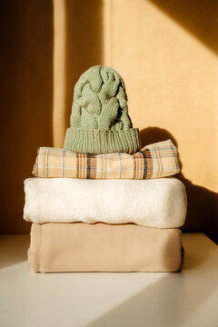 Neatly folded stack of different things.