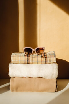 Neatly folded stack of different things.