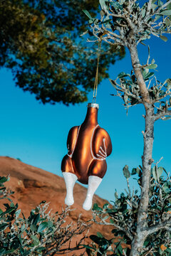 a roasted turkey ornament hanging from a tree