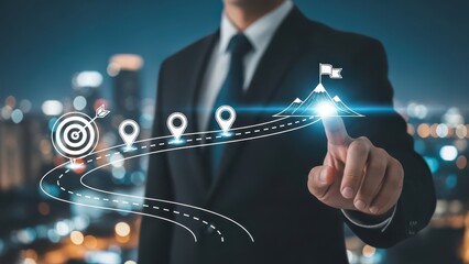 Business and Project Roadmap Concept. Touching on virtual screen with roadmap overlay representing steps in a project or strategic planning process. Waypoint icons and ends with goal achievement.
