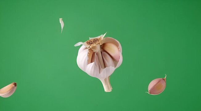 Several garlic cloves fly through the air around a whole bulb on green