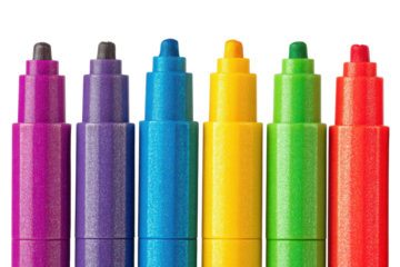 Six Vertical Spray Paint Cans in Rainbow Colors Purple Blue Yellow Green Red aerosol