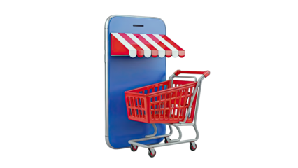 Smartphone with Shopping Cart and Awning - Online Shopping Concept