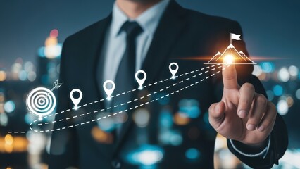Business and Project Roadmap Concept. Touching on virtual screen with roadmap overlay representing steps in a project or strategic planning process. Waypoint icons and ends with goal achievement.