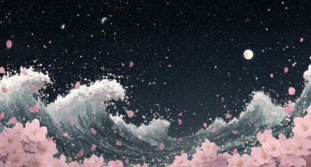Pink cherry blossoms, ocean waves, night sky