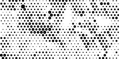 Hexagon halftone gradient texture. Abstract black grunge. Geometric retro halftone tech wallpaper. Fading wavy hexagonal pattern backdrop. Vector vanishing honeycomb grunge bitmap overlay