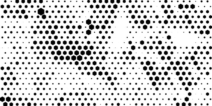 Hexagon halftone gradient texture. Abstract black grunge. Geometric retro halftone tech wallpaper. Fading wavy hexagonal pattern backdrop. Vector vanishing honeycomb grunge bitmap overlay