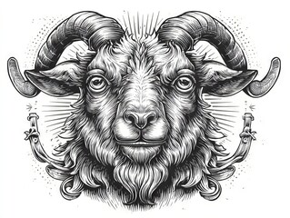 Detailed Black and White Woodcut Illustration of a Goat with Intricate Features