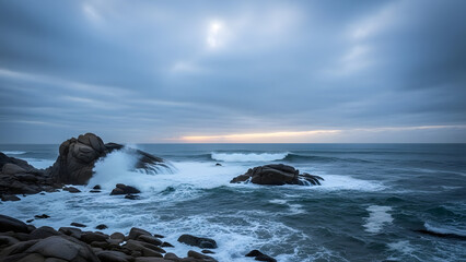 Dramatic ocean waves crashing on rugged rocky shoreline at dusk