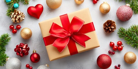 Festive Gift Box Surrounded by Christmas Ornaments and Decorative Elements