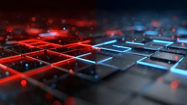 Virtual firewall wall built from glowing code grids, stopping hostile data flows, red and blue neon contrast, cyber defense metaphor, cinematic futuristic security scene