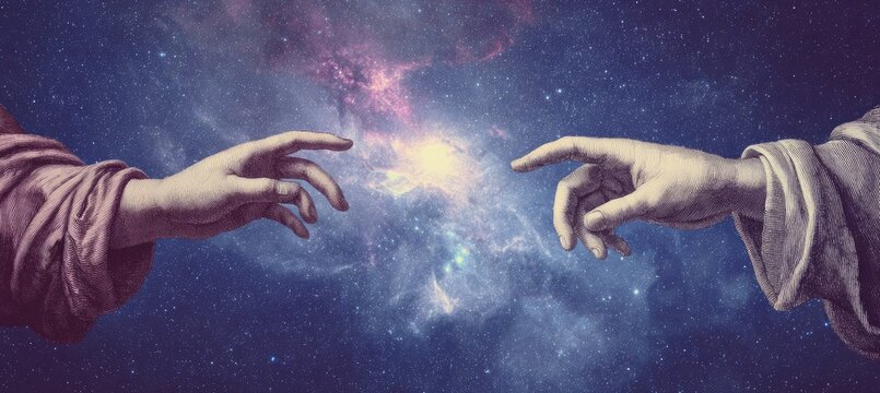 Two hands reaching across a cosmic expanse