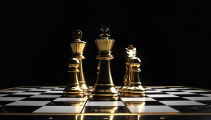 Elegant king and queen chess pieces illuminated by warm golden lighting on a minimal background. No faces included.