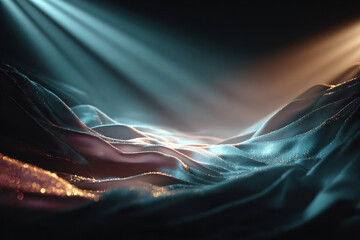 An abstract artistic background with soft, undulating shapes reminiscent of silk fabric or sand dunes illuminated by rays of light.  