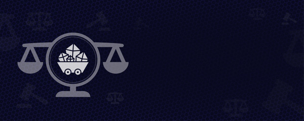 Mining law and natural resource justice concept with cart and crystals icon on scales and dark blue background with copy space and vektor graphic © sh99