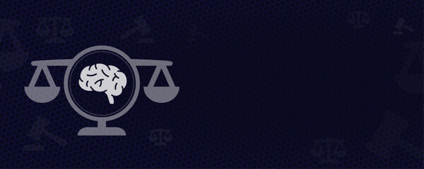 Intellectual property and medical brain law concept with brain icon on scales and dark blue background with copy space and vektor graphic