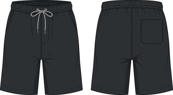 Black Men's Casual Sweat Shorts Technical Sketch Vector Template with Elastic Waistband Drawstring and Back Pocket View for Fashion Design