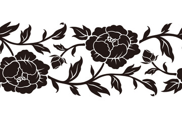 Elegant peony flowers seamless border illustration, Vintage japanese and chinese floral pattern.