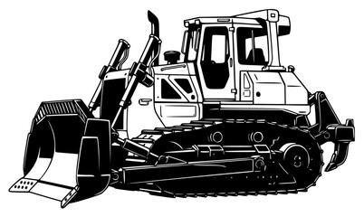 a black and white drawing of a bulldozer, black, bulldozer, drawing, illustration, tractor, against transparent background © Guli Studio