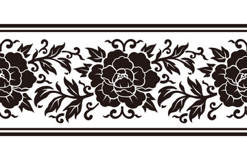 Elegant peony flowers seamless border illustration, Vintage japanese and chinese floral pattern.