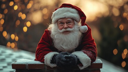 Man in a red suit with white fur trim and a white beard rests his hands on a snow-covered ledge. AI.