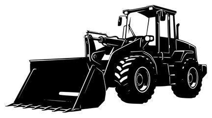 a black and white illustration of a bulldozer, black, bulldozer, illustration, silhouette, tractor, against transparent background © Guli Studio