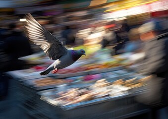 A pigeon is flying in blurred motion over food trays at a market stall. AI.