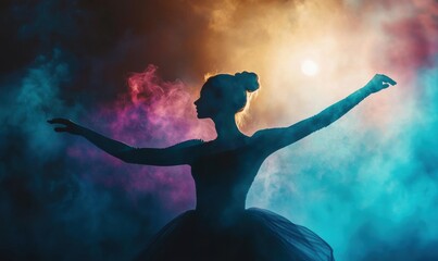 Silhouette of ballerina with arms outstretched against blue, pink, and orange smoky background. AI.