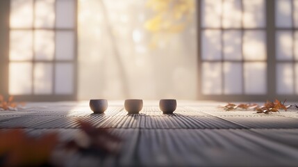 Three small, round cups sit on a textured surface. Leaves are scattered around them near a blurred window background. AI.
