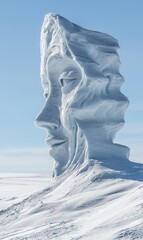 Snow sculpture of a human face in profile, with textured details, stands on a snowy field against a blue sky. AI.