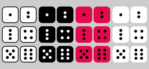 Dice set vector icon. Game dice. Six faces of cube isolated on grey background. Dice in red, black, white and stroke types. Illustration for game design.